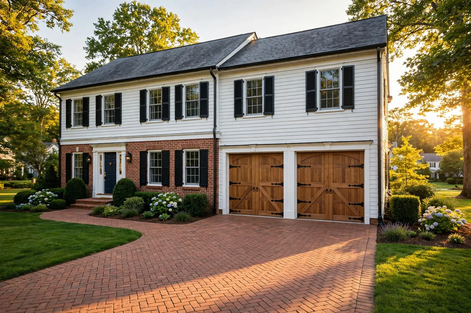 Carriage House Garage Doors — Steel Carriage House Door on a Brick Colonial in Sheffield by Waldorf Garage Door Repair