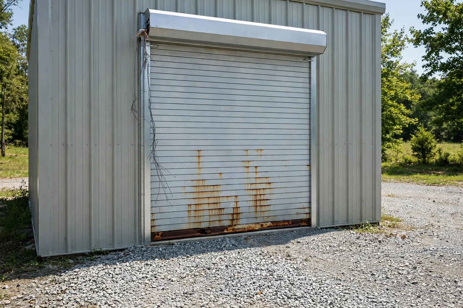Before photo, Storage Building Door Back in Service in White Plains, by Waldorf Garage Door Repair